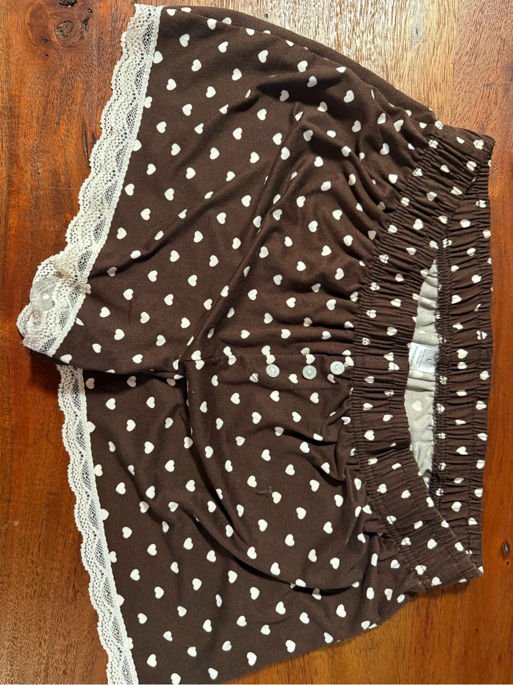 Brown Heart Print Lace-Trim Shorts